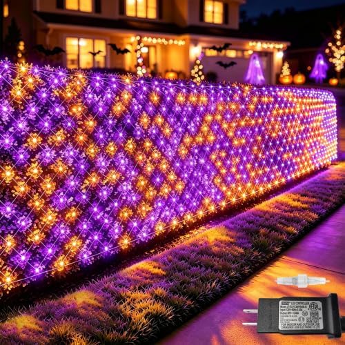 Pooqla Orange and Purple Halloween Net Lights Outdoor, 28x 5ft Clear Wire by Pooqla