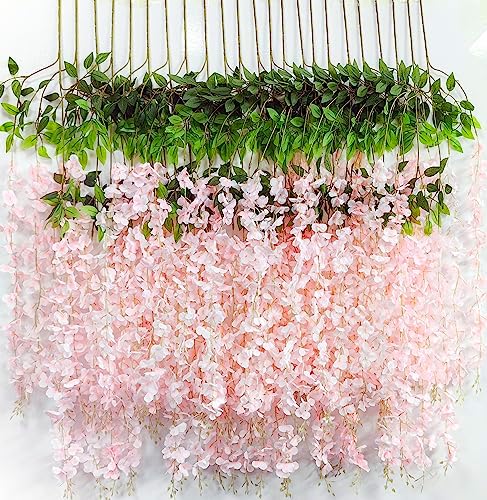 Wisteria Hanging Flowers 12 Pack Artificial Flowers Fake Wisteria Vine Rattan Hanging Garland Silk Flowers String for Party Home Wall Greenery Wedding Decor (Light Pink) - Image 7