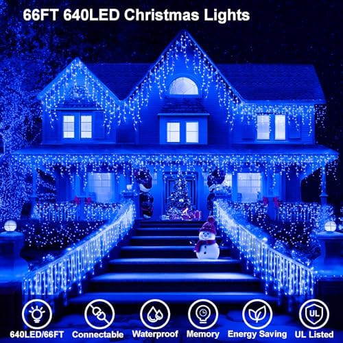 JXLEDAYY 65 FT 640 LED Christmas Lights Outdoor Decorations Clear Wire String Lights Plug in 120 Drops 8 Modes Memory Timer Connectable Curtain Fairy Lights Waterproof for Holiday Wedding Party-Blue - Image 4