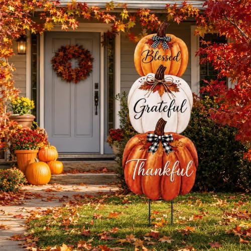 3Pcs Thanksgiving Outdoor Fall Decor Metal Pumpkin Yard Sign Porch Stake - Image 5