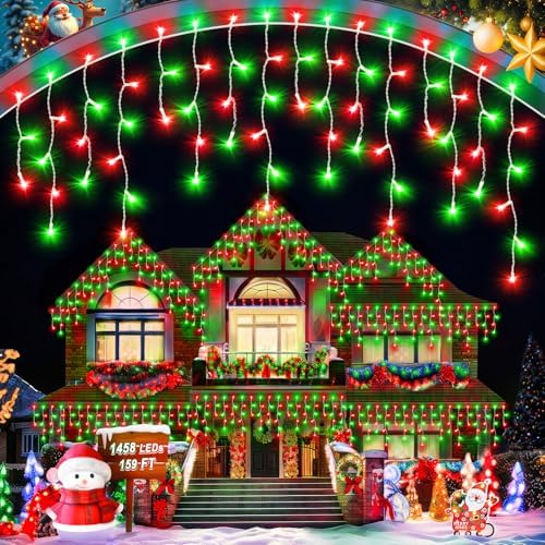 159 FT Christmas Lights Outdoor, 1458 LED Waterproof Outside Christmas Lights Plug in, Timer & Memory, 8 Modes Fairy Lights with 324 Drops for House Eaves Yard Patio Decorations, Red and Green by JIXXULVU