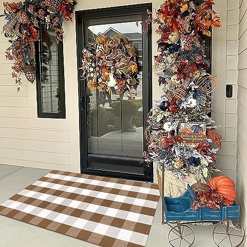 Bottalive Buffalo Plaid Outdoor Rugs, 3'x5' Brown and White Checkered Indoor/Outdoor Area Rug, Layering Rug for Hello/Welcome Door Mat, Washable Cotton Woven Farmhouse Mat for Fall Front Porch Décor - Image 4