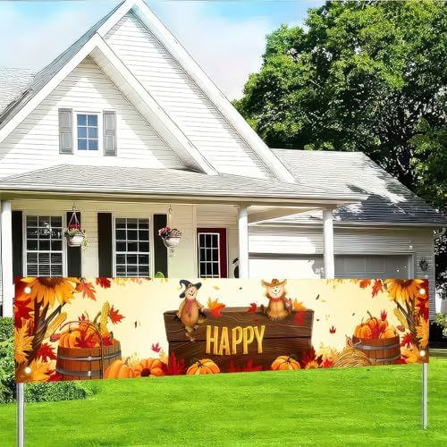BlissYard Happy Fall Thanksgiving Banner 118 x 20 inchs Autumn Scarecrow Pumpkin Yard Decor Thanksgiving Autumn Sunflower Outdoor Decorations Banner for Wall, Fence, Yard - Image 2