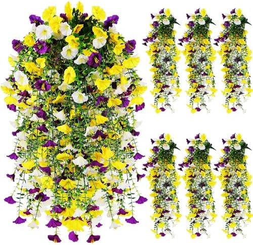 6 Pcs Artificial Hanging Flowers 30 Inch Mixed Color Yellow Purple White Morning Glory Vines UV Resistant Fake Hanging Plants Silk Hanging Flowers for Outdoor Garden Porch Patio Window Decor by Sariiraw