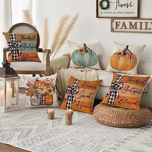 AVOIN colorlife Fall Pumpkin Home Sweet Home Throw Pillow Covers, 18 x 18 Inch Autumn Thankful Grateful Blessed Harvest Floral Orange Decorations for Sofa Couch Set of 4 - Image 2