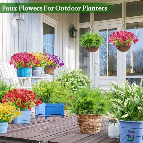 24 Bundles 8 Styles Artificial Flowers for Outdoors UV Resistant Fake Flowers Faux Plastic Plants Colorful Daisy Boston Fern Lavender Cemetery Flowers for Outside Indoor Home Porch Patio Spring Decor - Image 3