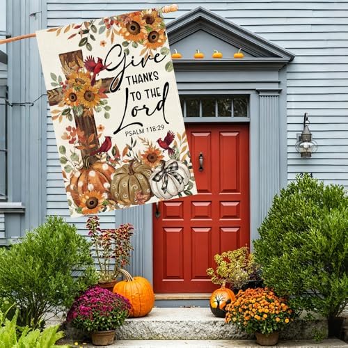 Baccessor Give Thanks To The Lord House Flag 28x40 Inch Double Sided,Cardinal Cross Thanksgiving Day Outside Outdoor Seasonal Burlap Pumpkin Large Garden Flags Home Yard Porch Patio Decoration - Image 5