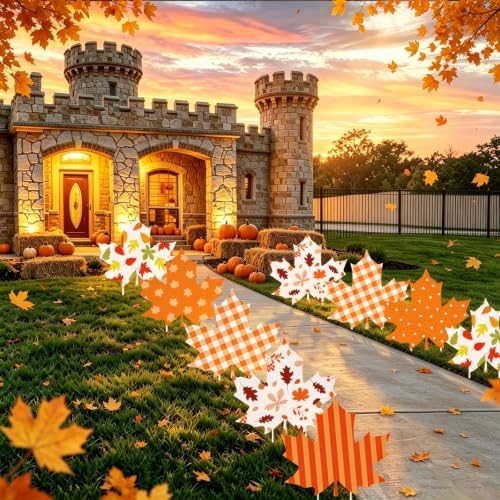 Whaline 12 Pcs Fall Maple Leaf Yard Signs with 24 Pcs Stakes Orange Plaid Striped Maple Leaves Yard Decorations for Autumn Harvest Thanksgiving Party Lawn Garden Pathway Outdoor Decor by Whaline