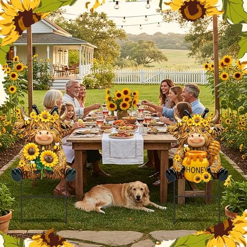 Amyhill 2 Pcs Highland Cow Outdoor Decor, Sunflower Bee Metal Garden Stakes, Honey Themed Yard Signs for Spring Summer, Patio Lawn Walkway Decorations, Cute Cow Gifts for Garden Lovers - Image 5