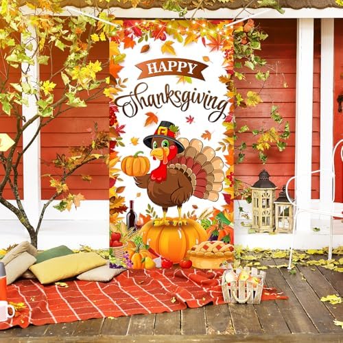 Thanksgiving Door Cover Turkey Decoration Large Happy Thanksgiving Banner Pumpkin Porch Sign for Fall Autumn Harvest Indoor Outside Front Door Farmhouse Party Supplies Photo Photography Background - Image 5