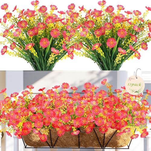 12 Bundles Artificial Flowers Outdoor UV Resistant Faux Plants (Rose Red) by MACTING