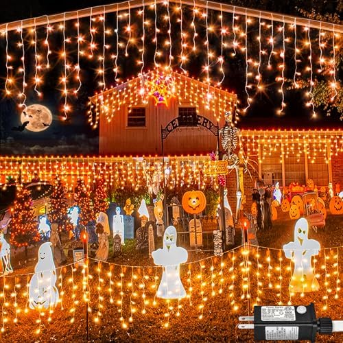 Orange Halloween Lights Outdoor Indoor, 66ft Icicle Lights for Outside, 640 LED Twinkle String Lights with 120 Drops Clear Wire Short Curtain Lights for Room Home Wall Bedroom Decor by Nielfoi