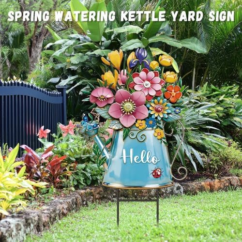 RattanView Summer Garden Decor for Outside, 26'' Decorative Garden Stakes Metal Watering Can with Flowers for Summer Decor Welcome Yard Signs for Outdoor Lawn Backyard Patio Porch Pathway - Image 6