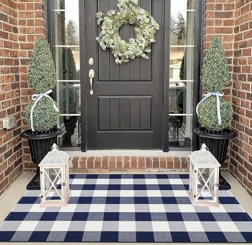 Blue White Outdoor Rug 3'x5' Fall Buffalo Plaid Layering Front Porch Rug - Image 4