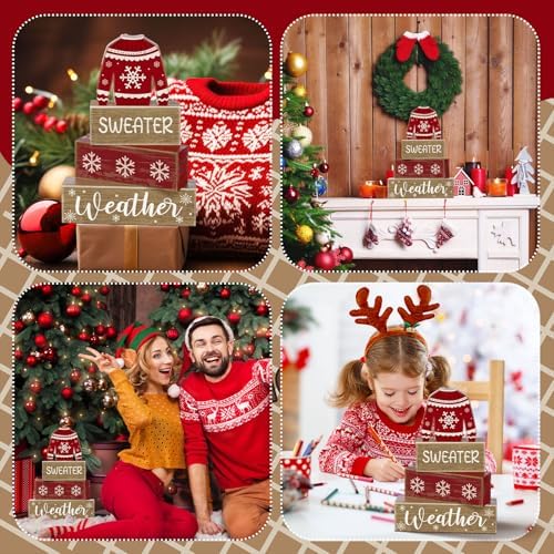 Lineshading 4 Pcs Christmas Table Decoration Wooden Block Signs Sweater - Image 5