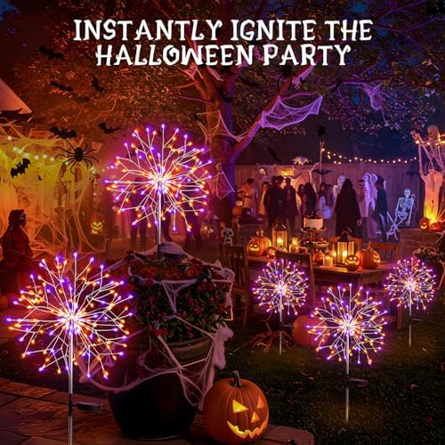 suddus Solar Halloween Lights Outdoor Solar Powered, Upgrade 2-Pack Orange & Purple Solar Firework Lights, Waterproof Garden Light for Yard Pathway Patio Flowerbed Halloween Decorations - Image 5