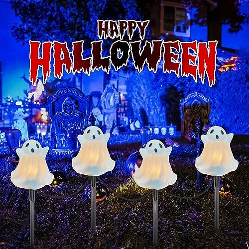 Oviejo Halloween Decorations - Set of 4 Ghost Pathway Stake Lights with C7 Clear Bulbs, 7Ft Waterproof Yard Stakes for Lawn Walkway Driveway Markers - Image 3