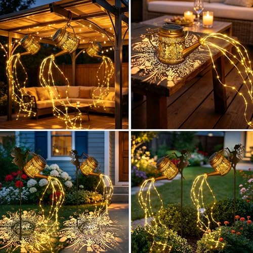 2 Pack Solar Watering Can Lights Outdoor Waterproof, Solar Garden Decorations with Fairy Cutouts, Magical Solar Lights for Yard Patio Lawn, Gardening Gifts for Mom Women - Image 5