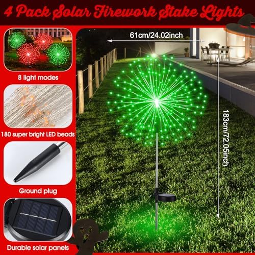 Tujoe 4 Pack Halloween Outdoor Decoration Solar Firework Lights,Red Green - Image 2