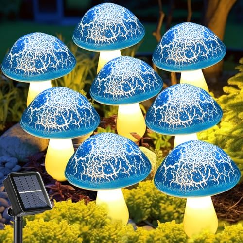 Solar Mushroom Lights Garden Decor 8 Blue Crack Mushrooms Outdoor Decor Stake Lights, Waterproof Solar Pathway Light Gardening Gifts for Landscape Easter Gnomes Yard Halloween Christmas Decorations by Viewpick
