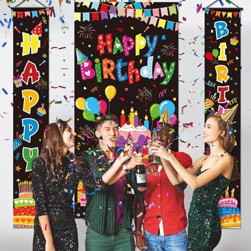 Oudain 3 Pack Colorful Happy Birthday Decorations Rainbow Birthday Banner Porch Sign Door Cover Flag Festival Wall Hanging Background Party Supplies - Image 3