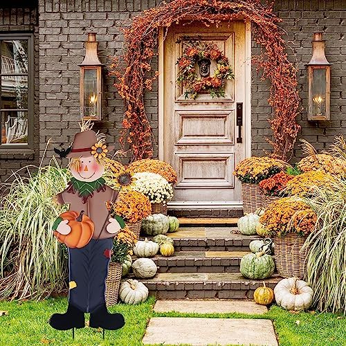 YEAHOME Fall Decorations Outdoor, Metal Boy Scarecrow Garden Stakes with Pumpkin & Sunflower for Fall Decor, Scarecrow Yard Signs for Outside Garden Lawn Porch Thanksgiving Decorations Outdoor - Image 2