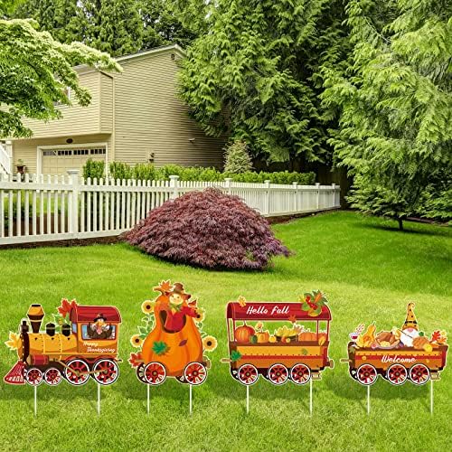 Weysat 4pcs Thanksgiving Yard Signs Train Outside Decoration Pumpkin Maple - Image 6