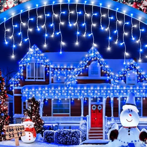 Christmas Lights Outdoor, 53 FT 486 LED Christmas Lights for Outside, Timer & Memory, Plug in 8 Modes Hanging Fairy Lights with 108 Drops for House Eaves Yard Patio Holidays Decorations Blue and White by JIXXULVU