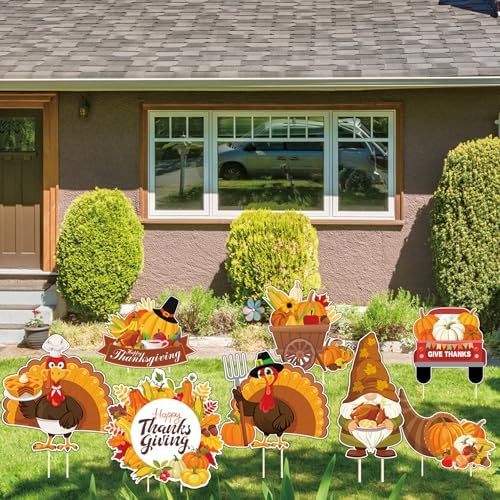 Thanksgiving Yard Signs 8pc with Stakes Happy Thanksgiving Outdoor Decorations Turkey Pumpkins Harvest Garden Wall Porch Signs Seasonal Holiday Party Supplies Lawn Yard Decorations - Image 7