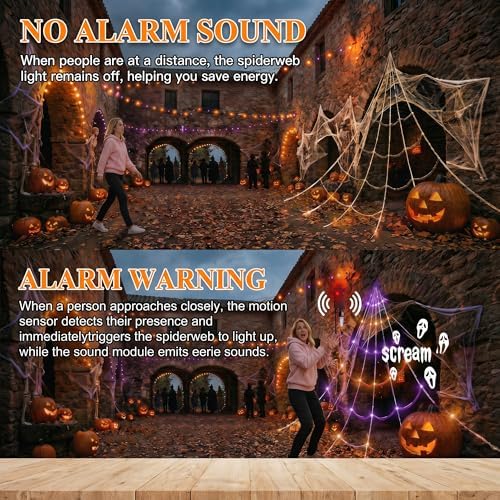 [Motion Activated Lighting&Speaking] 20 * 17FT Halloween Spider Web 150 Led Purple&Orange Lights Light Up Lighted Triangular Giant Waterproof with 200sqft Cobweb for Outdoor Decor Yard Decoration - Image 3
