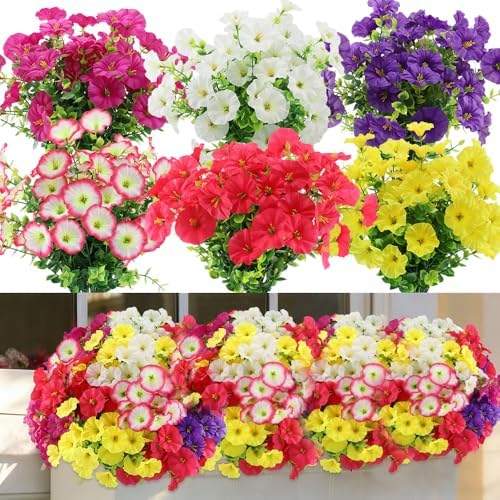 18Pcs Artificial Flowers Fake Outdoor Plants Silk Morning Glory with Eucalyptus UV Resistant Faux Flowers for Outside indoor Planter Front Door Porch Yard Patio windowsill Home Decor (Mix 6 colors) by JEMONG