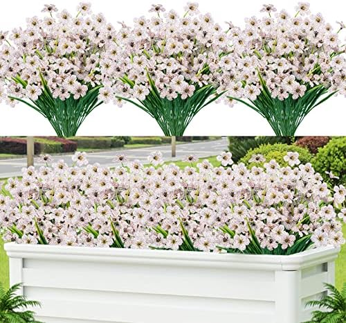 Lnoicy 12 Pcs Artificial Flowers for Outdoor,Plastic Flowers Decoration, UV Resistant Faux Flowers Shrubs, Artificial Plants for Indoor Outside Garden Home Wedding Farmhouse(White) by Lnoicy