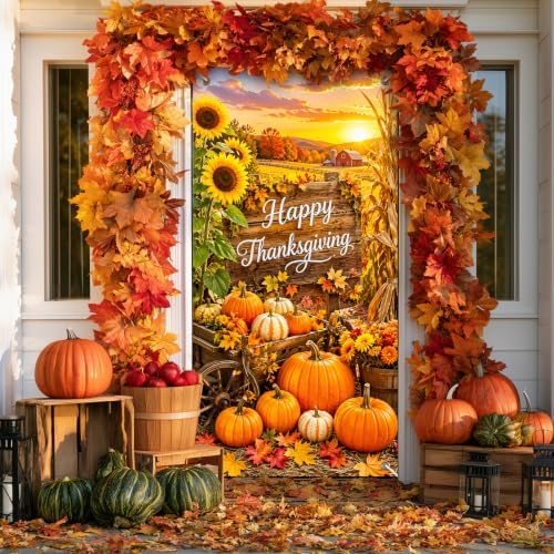BlissYard Happy Thanksgiving Pumpkin Wagon Door Cover 35 x 71 Inch - Image 4