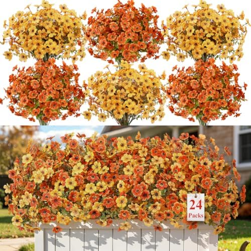 Alupssuc 24 Bundles Artificial Fall Flowers, UV Resistant Faux Mums Porch by Alupssuc