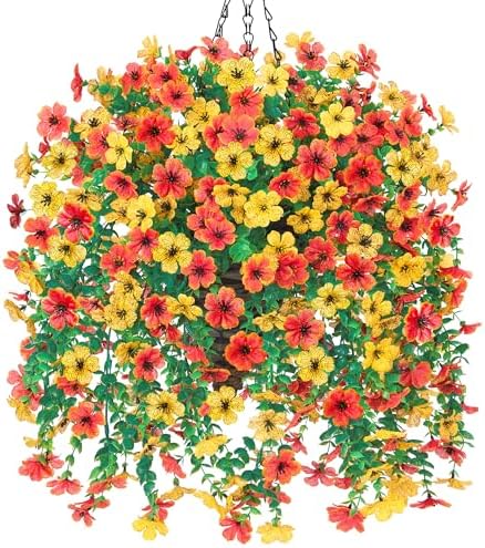 HyeFlora Artificial Hanging Flowers Basket for Outdoor, Fake Flowers Faux Plants Look Real for Yard Gardens Porch Patio Home (Orange+Yellow) by HyeFloraartificialflowers