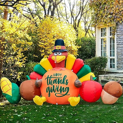 Domkom 8FT Thanksgiving Inflatable Turkey Happy Thanksgiving Sign Yard - Image 2
