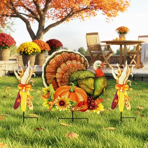 Thanksgiving Turkey Garden Stake, 3-in-1 Fall Pumpkin Yard Decor by Voumsil