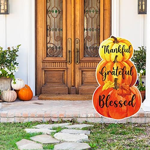 Spiareal Fall Outdoor Decorations Thanksgiving Pumpkins Yard Stake 3 Stacked Pumpkins Yard Sign 27 Inch Thankful Grateful Blessed Rustic Fall Harvest Outdoor Pumpkin Decor for Garden Lawn Decoration - Image 6