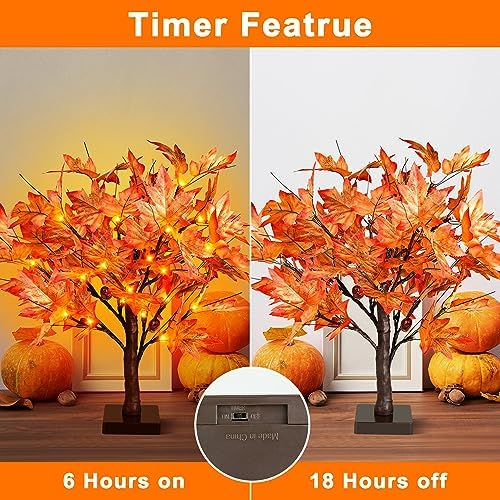 Remon 18 Inch Lighted Fall Maple Tree - 1.5FT Thanksgiving Tabletop Lamp Decor with 36 LED Lights, 72 Maple Leaves, 6 Acorns, Timer Function, Battery Operated Fall Artificial Tree with Burlap Base - Image 2
