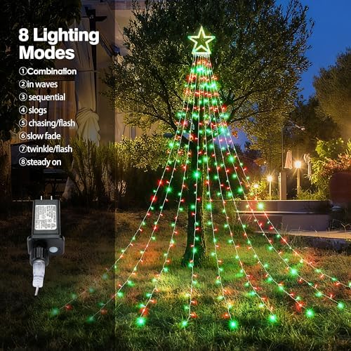 BlcTec Outdoor Christmas Decorations 317 LEDs Christmas Lights with 9 Strands 11.9ft Waterfall Christmas Tree Lights, 8 Modes, Waterproof, Topper Star & Timer for Yard Patio Xmas Décor, Red Green - Image 3