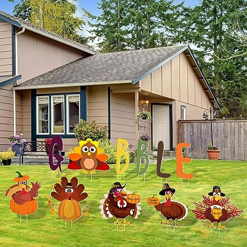 Quera 11 Pcs Thanksgiving Yard Signs Gobble Turkey Outdoor Lawn Thanksgiving Decorations Outside Decoration Pumpkins Yard Stakes for Fall Party - Image 5