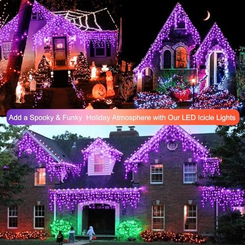 YiYLunneo Halloween Icicle Lights Outdoor, 512 LED 46.5 FT 8 Lighting Modes with Timer & Memory, Curtain Fairy String Lights with 96 Drops for Halloween Decorations Holiday Party Eaves Yard (Purple) - Image 6
