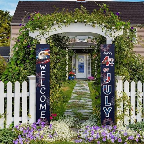 doginthehole Happy 4th of July Decorations Door Banner 2pcs Set Welcome Porch Sign Cool Bald Eagle Hanging Flag Patriotic Decor Outdoor Red White Blue - Image 5