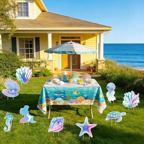 9Pcs Mermaid Party Birthday Party Yard Signs with Stand,Under The Sea Party Supplies for Outdoor Lawn Patio Garden Stand Decor,Large Ocean Theme Birthday Party - Image 7