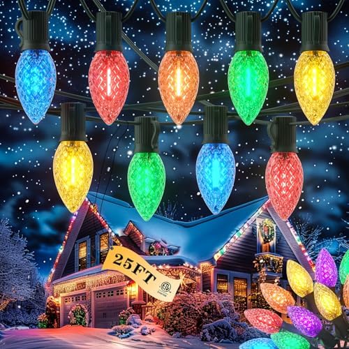 Kawaya Christmas Pathway Lights, Jumbo C9 Faceted Tree Lights 25FT 25 Bulbs by KAWAYA