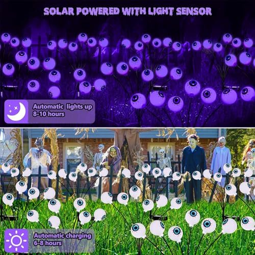 Halloween Outdoor Decorations, 2 Pack 16 LED Eyeball Solar Garden Lights, 8 Modes Scary Halloween Lights Waterproof for Yard Garden Lawn Pathway Party Decorations (Purple) - Image 5