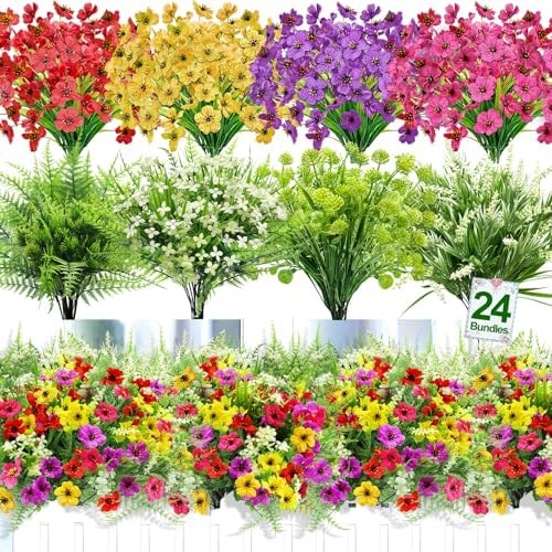 24 Bundles 8 Styles Artificial Flowers for Outdoors UV Resistant Fake Flowers Faux Plastic Plants Colorful Daisy Boston Fern Lavender Cemetery Flowers for Outside Indoor Home Porch Patio Spring Decor by TURNMEON