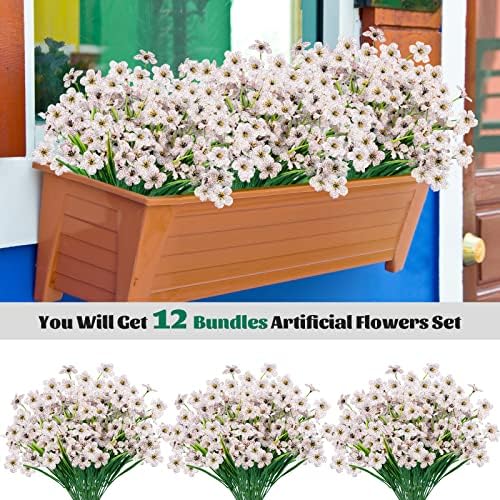 Lnoicy 12 Pcs Artificial Flowers for Outdoor,Plastic Flowers Decoration, UV Resistant Faux Flowers Shrubs, Artificial Plants for Indoor Outside Garden Home Wedding Farmhouse(White) - Image 3