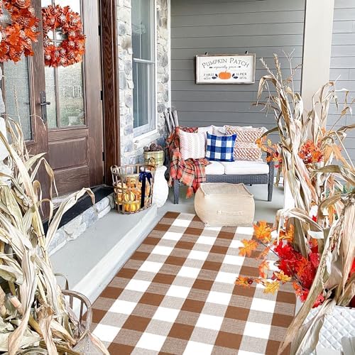 Ckorzen Coffee and White Plaid Rug, 3' x 5' Outdoor Front Porch Door Decor Mat, Washable Cotton Woven Farmhouse Area Rug for Layered Door Mats Carpet, Entryway, Easter Décor - Image 4
