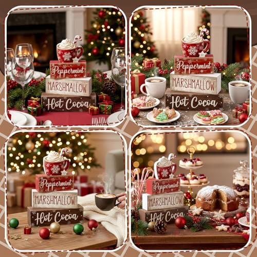 Moucuny 4 Pcs Hot Cocoa Wooden Signs Farmhouse Tiered Tray Decor - Image 5
